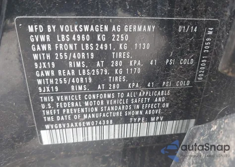 2014 Volkswagen Tiguan R-Line из США, поврежденный, VIN WVGBV3AX6EW074398